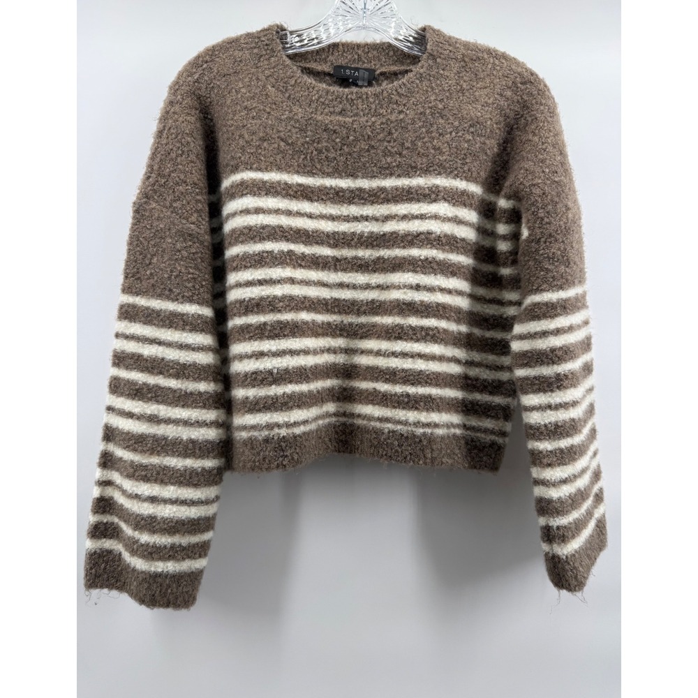 1.STATE Womens Brown Cream Striped Eyelash Knit Cropped Sweater Size S